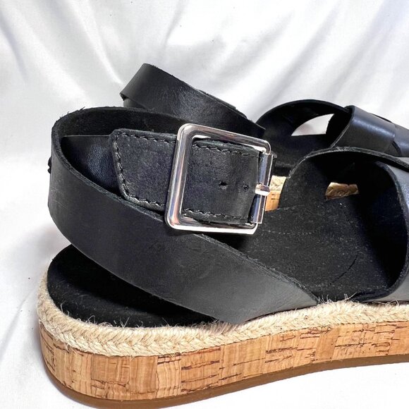 Clarks Women's 1 " Wedge Cork Leather Around Ankle Sandals-Size 8 1/2-Black/Tan - Picture 13 of 16